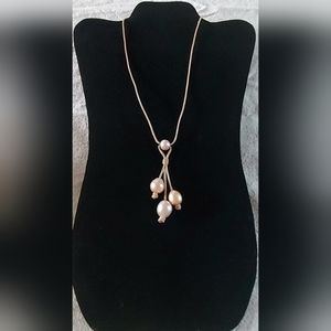 Handmade Natural Leather And Peach, Light Pink & White Pearl Dangle Necklace